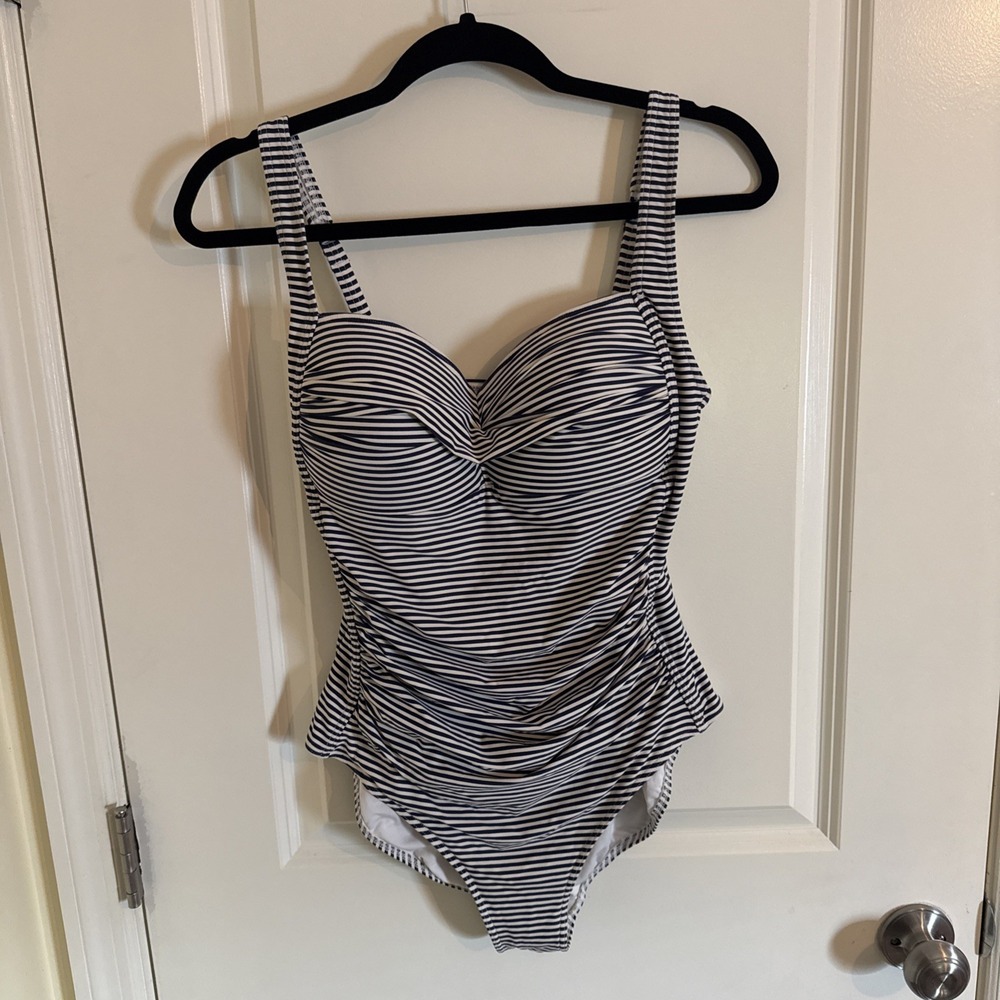 Niptuck Navy White Twist Front Striped One Piece Bathing Suit S 10 Multi Fit Cup